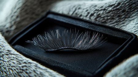 A detailed close-up of a false eyelash displayed on a textured fabric background, highlighting the intricate details and soft fibers of this beauty accessory in a stylish setting.の素材