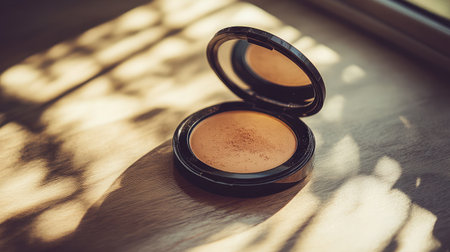 A beautifully arranged powder compact resting on a wooden surface, capturing soft natural light and delicate shadows that enhance the serene and elegant atmosphere.の素材