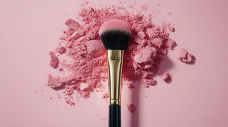 A beautifully styled makeup brush rests atop a pile of soft pink blush powder, creating an eye-catching composition ideal for beauty blogs and cosmetic promotions.の素材
