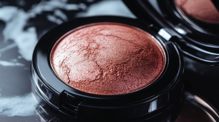 A close-up image of a shimmering bronze highlighter in a sleek black compact, beautifully displayed on a marble surface, ideal for beauty and cosmetic presentations.の素材