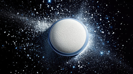 A fine white powder sits in a circular dish, beautifully juxtaposed against a black backdrop adorned with sparkling stardust. Perfect for abstract and artistic visuals.の素材