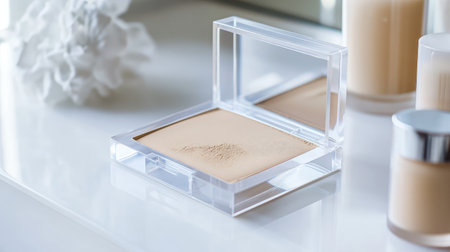 A minimalistic makeup compact features a soft beige powder on a bright vanity, complemented by decorative elements, creating a serene and elegant beauty scene.の素材
