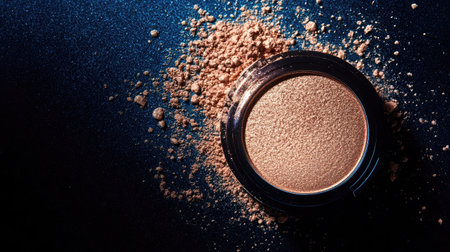 Capture the essence of beauty with this image featuring glossy makeup powder in a round container with scattered loose powder, set against a textured blue surface.の素材
