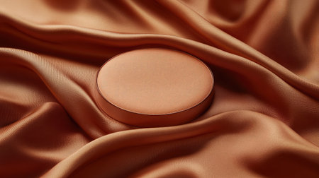 This image features a round makeup compact placed elegantly on soft, warm-toned satin fabric, ideal for showcasing beauty products and enhancing branding visuals.の素材