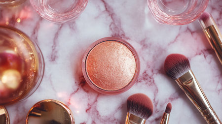 This stunning flat lay showcases a rose gold highlighter surrounded by makeup brushes and elegant glassware on a beautiful marble surface, perfect for beauty inspirations.の素材