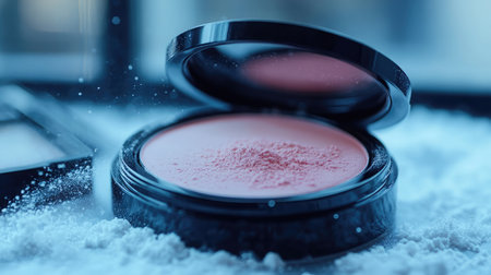 A beautifully captured close-up of a blush compact, showcasing soft powder on a pleasant surface, ideal for beauty and cosmetic themes in your creative projects.の素材