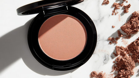 This stock image captures a beautiful powder blush in a sleek black compact, placed on a marble surface, showcasing its soft texture and elegance in beauty and makeup.の素材