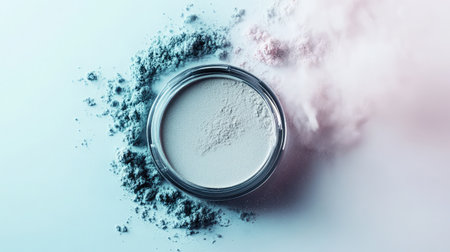 A transparent container filled with color powder sits amid a vibrant spread of loose powder, offering an artistic and elegant aesthetic for beauty and makeup themes.の素材