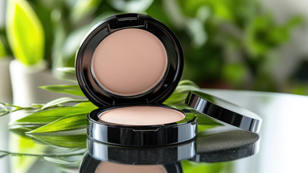 This stunning close-up image features a stylish compact makeup case containing smooth cream foundation, set against a backdrop of lush green plants, highlighting beauty and elegance.の素材