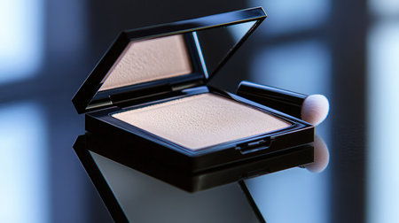 A beautifully arranged image of an open compact powder case showcasing its smooth surface and soft applicator, perfect for makeup enthusiasts and beauty professionals.の素材