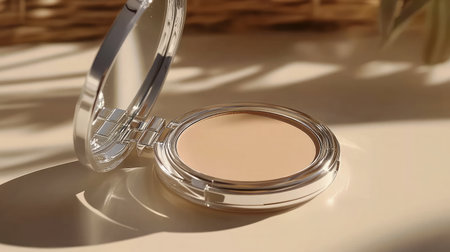 This image captures a sleek compact mirror with a cream foundation, featuring elegant reflections and soft lighting, ideal for beauty and fashion themes.の素材