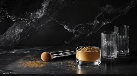 A sophisticated flat lay of makeup essentials on a dark marble surface, highlighting the beauty tools and textures that enhance the cosmetic experience.の素材