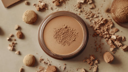 This close-up image showcases loose powder makeup in a jar, surrounded by spilled mineral powder, highlighting the smooth texture and natural colors ideal for beauty enthusiasts.の素材