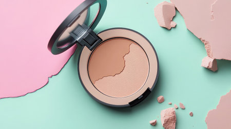 Stylish close-up of a powder compact displaying a broken blush on a colorful backdrop, perfect for beauty and cosmetic themes in photography.の素材