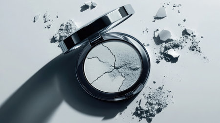 This image features a broken cosmetic compact with powder scattered, illustrating the delicate nature of beauty products and the intricacies of makeup artistry.の素材