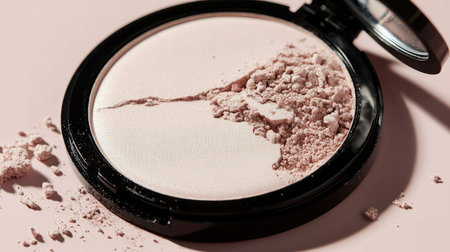 A beautifully detailed close-up image of a broken makeup powder compact, showcasing its delicate texture and luxurious design, ideal for beauty and skincare visuals.の素材