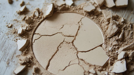 An artistic close-up of cracked compact powder on a wooden surface, highlighting the intricate texture and soft beige tones, ideal for showcasing beauty and makeup themes.の素材