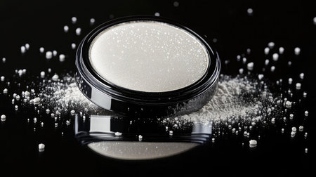 Close-up of a shimmering cosmetic powder in a round container, surrounded by sparkling dust particles, set against a sleek black background, perfect for beauty editing.の素材