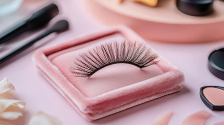 A stunning false eyelash showcased on a soft velvet case, surrounded by various makeup products in a chic flat lay, emphasizing beauty and elegance. Perfect for beauty enthusiasts.の素材