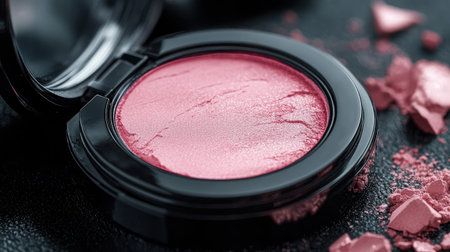 Detailed close-up of pink blush powder in a sleek circular compact, surrounded by crushed makeup, ideal for cosmetic and beauty industry visuals.の素材