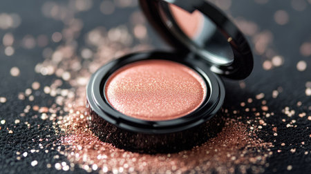 This image features a close-up of a shimmering blush compact on a dark surface, surrounded by sparkling dust, ideal for beauty and cosmetic branding.の素材