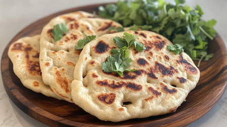 Enjoy these freshly made flatbreads displayed on a wooden plate, garnished with green cilantro, perfect for showcasing traditional culinary delights in photography.の素材
