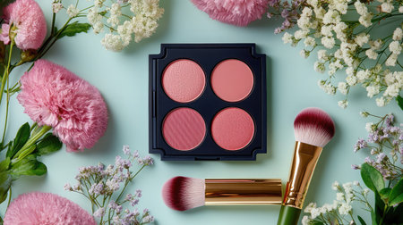 This image features an elegant makeup palette with soft pink shades, beautifully arranged with fresh flowers and brushes, perfect for beauty and fashion enthusiasts.の素材