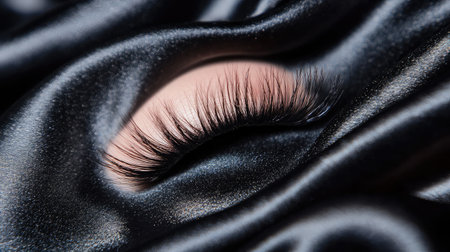 This image features a stunning false eyelash delicately placed on luxurious black silk, perfect for beauty campaigns, product displays, or fashion photography.の素材