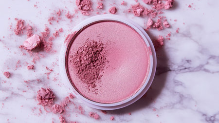 Delicate pink cosmetic powder in a round container rests on a marble surface, with soft dust particles scattered around, capturing the essence of beauty and elegance.の素材