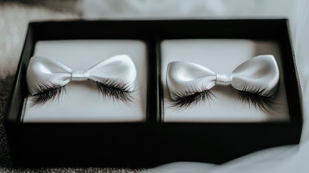 Discover exquisite faux eyelashes presented in a sleek box with satin ribbons, ideal for enhancing beauty, perfect for makeup artists and personal use.の素材
