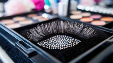 This striking image features an elegant false eyelash adorned with sparkling rhinestones, presented on a professional makeup palette, showcasing beauty artistry and luxury.の素材