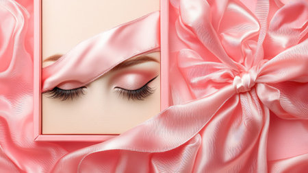 An artistic display featuring beautiful closed eyes framed by soft satin ribbons, evoking a sense of elegance and tranquility, ideal for beauty and fashion inspirations.の素材