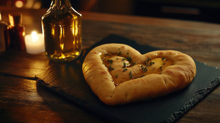 A heart-shaped flatbread topped with herbs sits on a slate board. Olive oil in a bottle adds warmth, perfect for a romantic dinner ambiance enhanced by soft candlelight.の素材