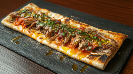 Indulge in a gourmet flatbread featuring grilled meat, fresh herbs, and savory sauce, beautifully presented on a slate plate, ideal for food enthusiasts and culinary design.の素材
