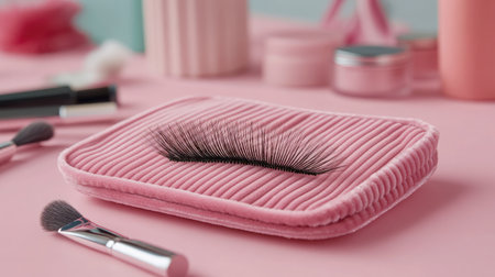 This captivating image showcases a luxurious eyelash extension placed on a soft pink padded surface, surrounded by essential beauty tools, creating a perfect aesthetic for makeup lovers.の素材