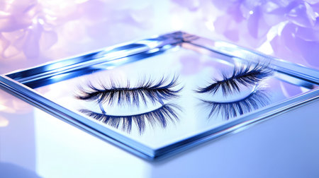 This image captures stunning false eyelashes on a mirrored surface, surrounded by soft lighting and floral elements, perfect for beauty and cosmetic presentations.の素材