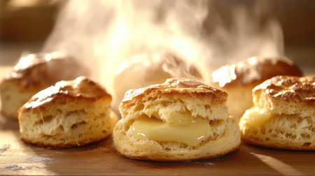 Enjoy freshly baked biscuits with melting butter, bringing warmth and comfort to any breakfast or brunch. Perfect for sharing special moments with loved ones.の素材