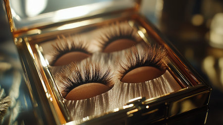 Stunning view of dramatic false lashes in a chic gold case, perfect for beauty enthusiasts looking to elevate their makeup game with luxurious and high-quality products.の素材
