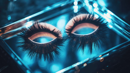 Stunning close-up of false eyelashes on a sleek glass surface with a radiant blue background, perfect for showcasing beauty and makeup products in advertising or promotional materials.の素材