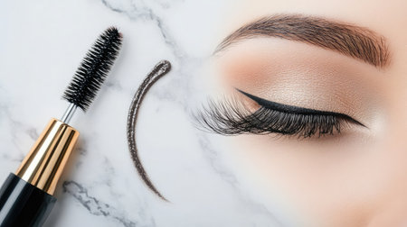 Stunning close-up image of a woman's eye showcasing elegant eyeliner and mascara on a marble surface, perfect for showcasing beauty and makeup artistry trends.の素材