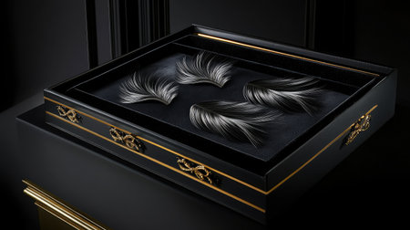 This captivating image showcases four artistic black hairpieces elegantly arranged on a velvet tray, set against a luxurious dark background, highlighting sophistication and style.の素材