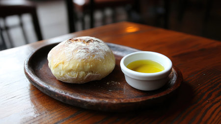 A freshly baked artisan bread on a rustic wooden plate accompanied by a small bowl of olive oil, perfect for enhancing any dining experience in a cozy restaurant setting.の素材