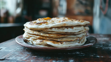 A delectable stack of golden flatbreads displayed on a wooden plate, set in a cozy cafの素材