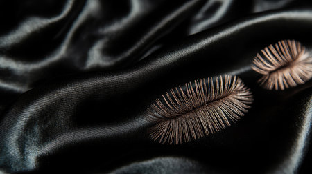 A stunning close-up image capturing the beauty of soft black satin fabric elegantly adorned with false eyelashes, creating a visually arresting moment that exudes glamour.の素材