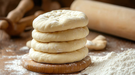 A stack of freshly prepared dough rounds resting on a rustic wooden board, with flour scattered and baking tools nearby, ideal for preparing flatbread or pita in a cozy kitchen.の素材