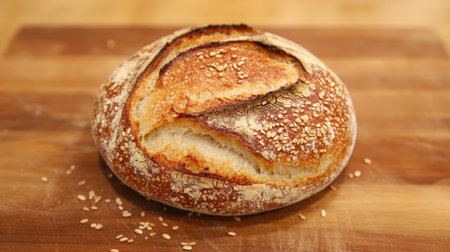 This image features a freshly baked artisan bread with a beautifully crusty surface and sesame topping, perfect for culinary-themed projects and food-related content.の素材
