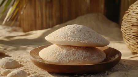 Enjoy the serene beauty of freshly made flatbreads dusted with flour, beautifully arranged on a wooden plate, set against a backdrop of natural elements and warm light.の素材