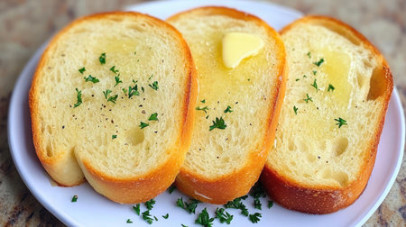 Enjoy a plate of golden, freshly toasted bread slices topped with rich butter and drizzled with olive oil, garnished with fresh parsley for a delightful breakfast.の素材