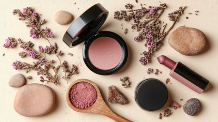A serene flat lay arrangement featuring natural beauty products, delicate flowers, and smooth stones, creating a calming aesthetic perfect for spa or cosmetic themes.の素材