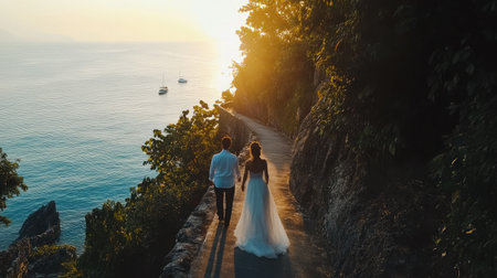 A beautiful wedding couple walks hand in hand along a serene ocean path during sunset, surrounded by nature's beauty and warm golden light, capturing a moment of pure romance.の素材